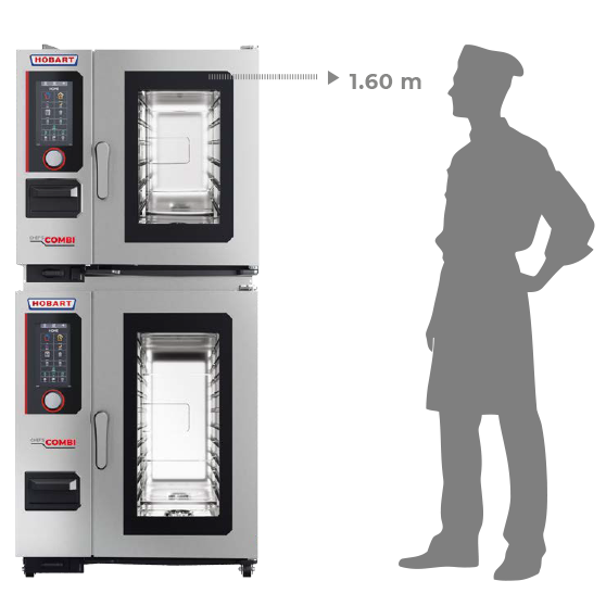 Due forni combinati impilati con pannelli di controllo digitali e porte in vetro – una sagoma umana a destra mostra l’altezza di 1,60 m del forno superiore.