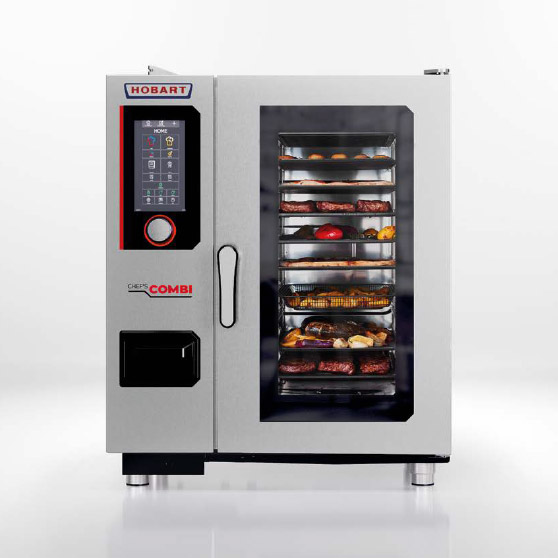 Forno combinato professionale CHEF'S COMBI con struttura in acciaio inox, porta in vetro e pannello di controllo digitale – visibili più teglie con carne e verdure in fase di cottura.
