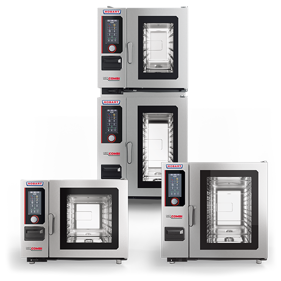 Quattro forni combinati professionali CHEF'S COMBI di HOBART in acciaio inox con porte in vetro e comandi digitali, disposti in pila e affiancati.