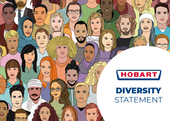 Illustrazione di numerose persone diverse come simbolo di inclusione e pari opportunità, accanto al logo HOBART con il testo “Diversity Statement” che evidenzia l’impegno aziendale per la diversità.