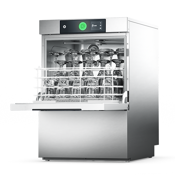 Lavabicchieri HOBART in acciaio inox con sportello aperto e cestello pieno di bicchieri puliti per bar e ristoranti