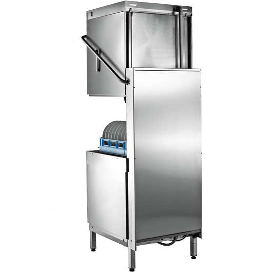 Lavastoviglie a capottina HOBART in acciaio inox con cestello per piatti, progettata per lavaggi efficienti e igienici nelle cucine professionali.