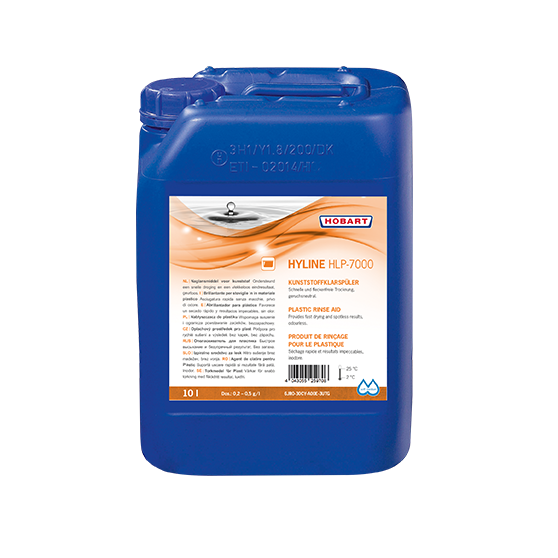 Brillantante per plastica HOBART HYLINE HLP-7000 in tanica da 10 litri per lavastoviglie professionali, studiato per stoviglie in plastica, assicura asciugatura senza aloni e risultati impeccabili per ristorazione e grandi cucine.