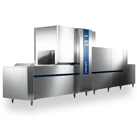 Lavastoviglie a nastro HOBART PROFI per cucine industriali, sistema di lavaggio automatico con costruzione in acciaio inox e tecnologia efficiente per pulizia igienica di stoviglie e bicchieri.