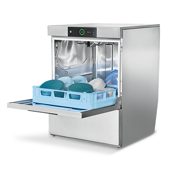 Lavastoviglie sottobanco HOBART in acciaio inox con sportello aperto e cesto carico di piatti e ciotole, dotata di pannello di controllo moderno e tecnologia a risparmio energetico per cucine professionali.