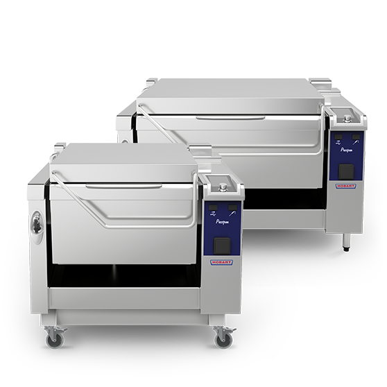 Due apparecchi di cottura multifunzione Precipan di HOBART in acciaio inox, con ampia capacità, comandi ergonomici e struttura mobile su ruote, ideali per bollire, friggere e stufare in cucine professionali e mense.