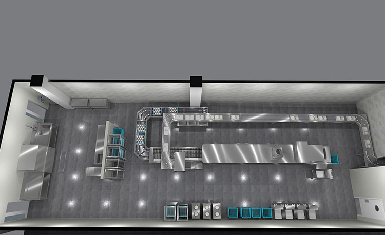 Pianificazione di esempio di una HOBART FLOW Line autoLINE vista dall’alto, sistema di lavaggio automatico con nastro trasportatore lungo e curve per pulizia efficiente di stoviglie e bicchieri, costruzione in acciaio inox per flussi igienici e ottimizzati.