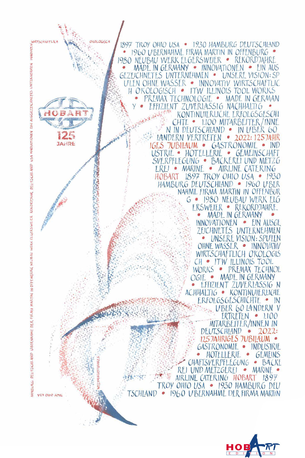 Opera calligrafica di Bärbel Schulz per l’edizione HOBART 2022, realizzata nei colori rosso e blu tipici del marchio. La composizione dinamica unisce calligrafia astratta e momenti chiave della storia aziendale, simboleggiando 125 anni di tradizione, innovazione e crescita orientata al futuro.