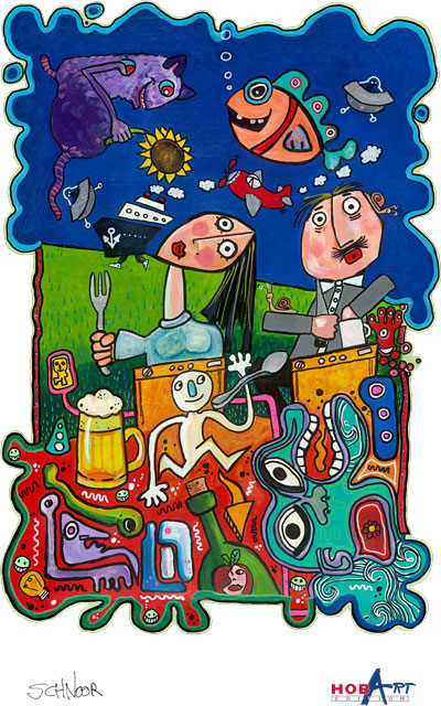 Illustrazione vivace in stile ART BRUT che raffigura persone che mangiano e bevono, circondate da creature fantasiose, stoviglie, bicchieri e simboli di lavastoviglie, a rappresentare il ciclo infinito Mangiare, Bere, Lavare, Ripetere ispirato al mondo HOBART.
