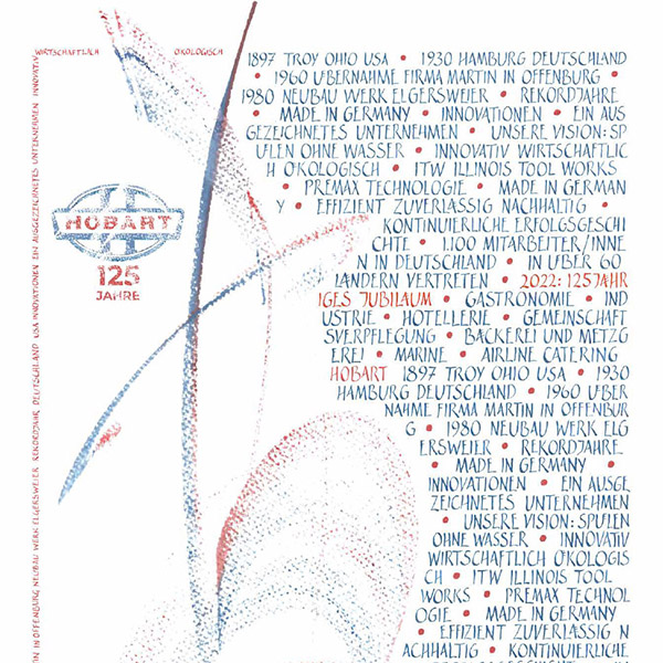 Opera calligrafica di Bärbel Schulz per l’edizione HOBART 2022, realizzata nei colori rosso e blu tipici del marchio. La composizione dinamica unisce calligrafia astratta e momenti chiave della storia aziendale, simboleggiando 125 anni di tradizione, innovazione e crescita orientata al futuro.